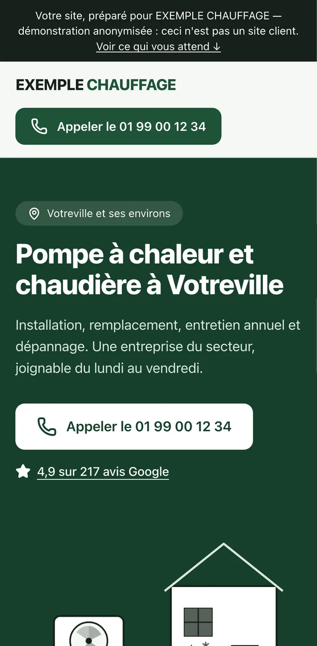 Démonstration anonymisée : page d'accueil d'un site de chauffagiste, avec services et horaires.