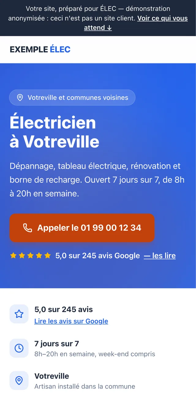 Démonstration anonymisée : page d'accueil d'un site d'électricien, avec bandeau de confiance et zones d'intervention.