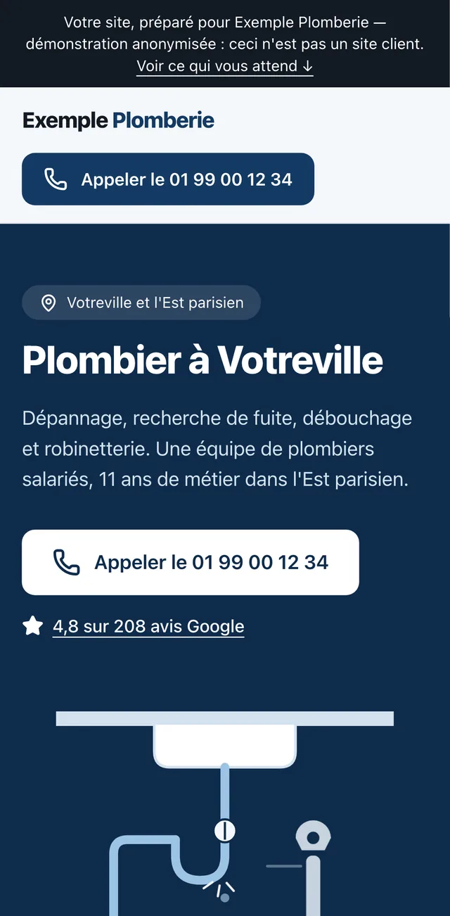 Démonstration anonymisée : page d'accueil d'un site de plombier, avec appel en haut de page, note Google et services.