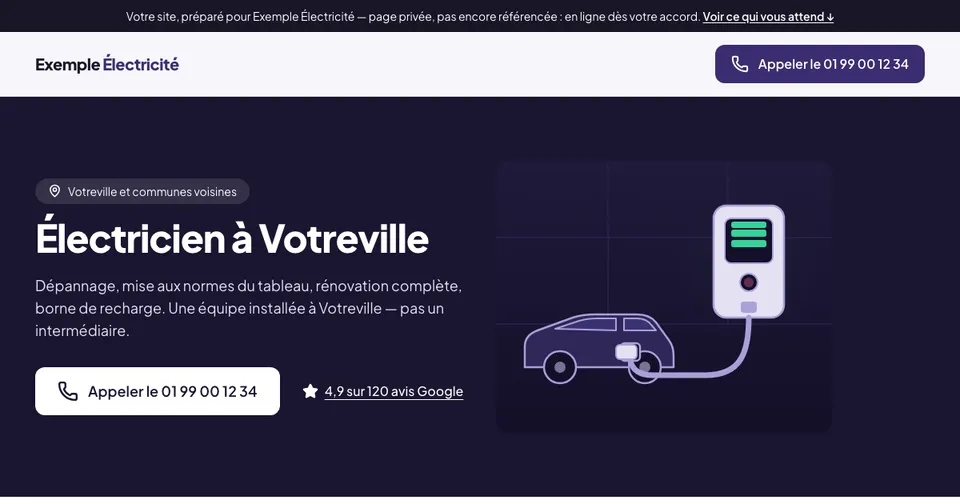 Maquette anonymisée d'un site de électricité : bornes de recharge, violet nuit.