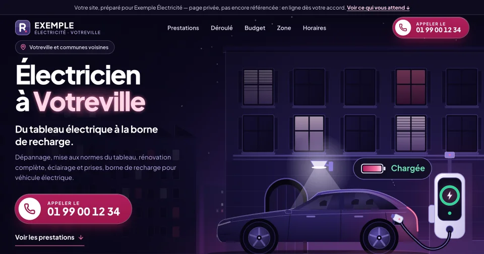 Maquette anonymisée d'un site de électricité : bornes de recharge, violet nuit.
