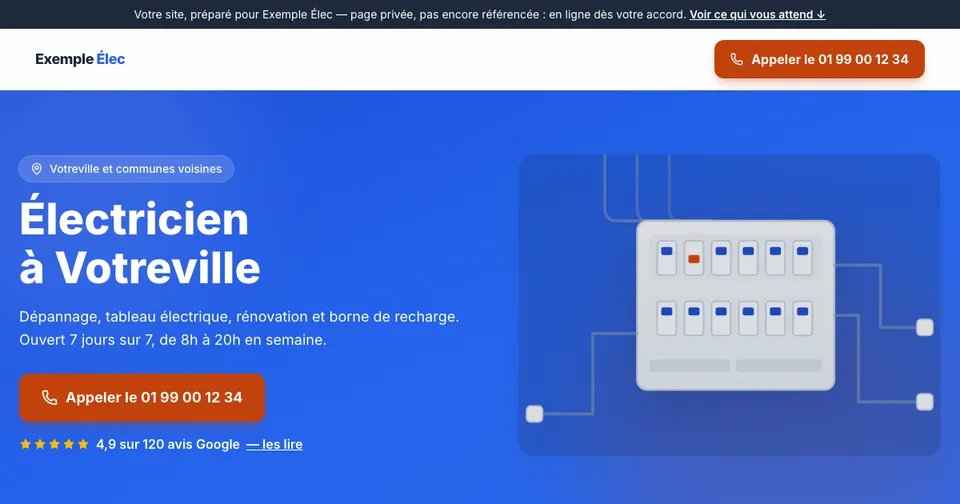 Maquette anonymisée d'un site de électricité : tableau électrique, bleu vif.