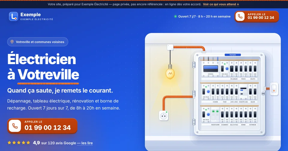 Maquette anonymisée d'un site de électricité : tableau électrique, bleu vif.