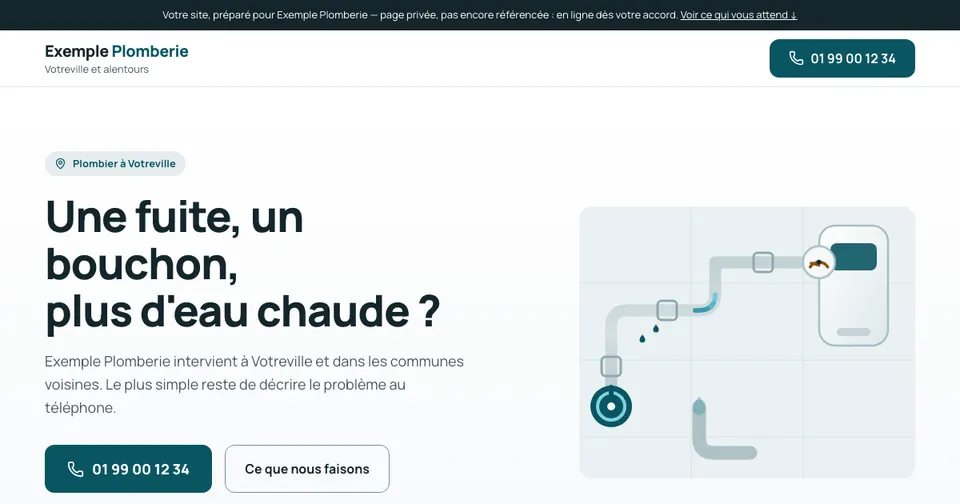 Maquette anonymisée d'un site de plomberie : urgences, fond clair.
