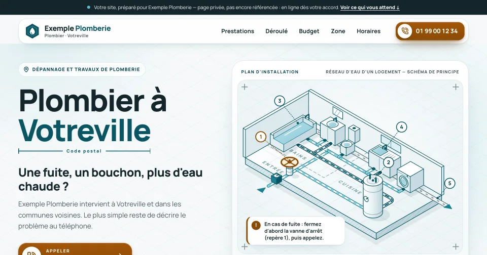 Maquette anonymisée d'un site de plomberie : urgences, fond clair.