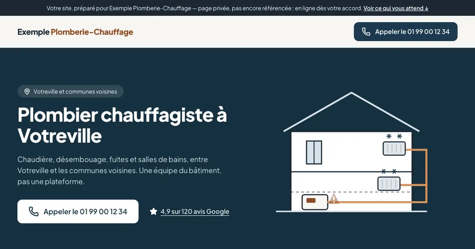 Maquette anonymisée d'un site de plomberie-chauffage : bleu nuit et cuivre.